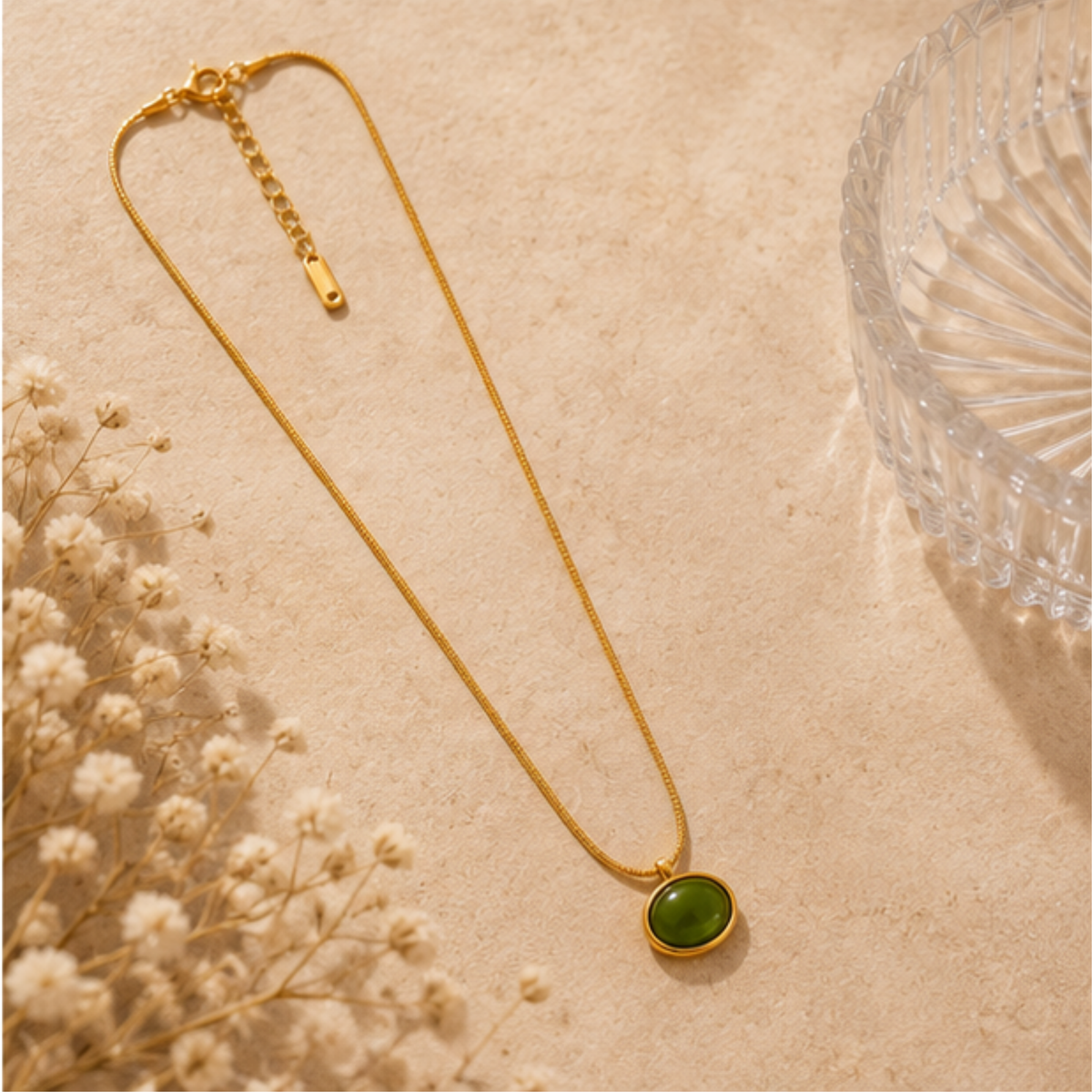 Gold Green Oval Pendant Long Necklace for Everyday Elegance