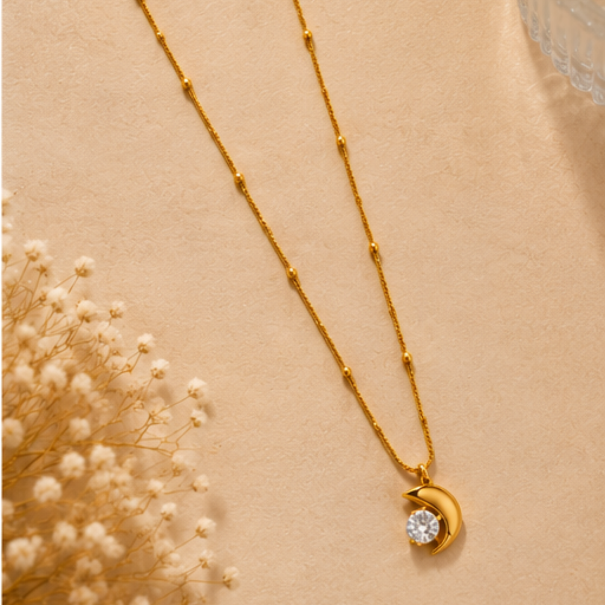 Gold Crescent Moon Crystal Pendant Necklace for Everyday Elegance