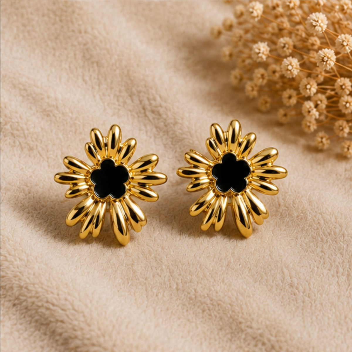 Gold-Tone Black Floral Sunburst Stud Earrings