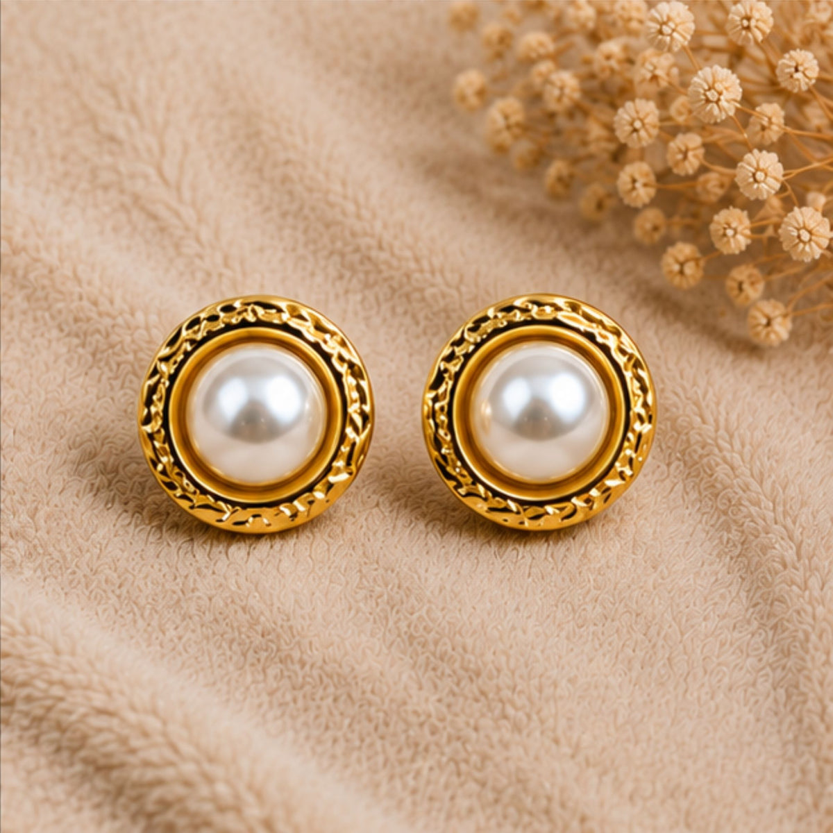Gold-Tone Pearl-Style Round Stud Earrings for Everyday Elegance