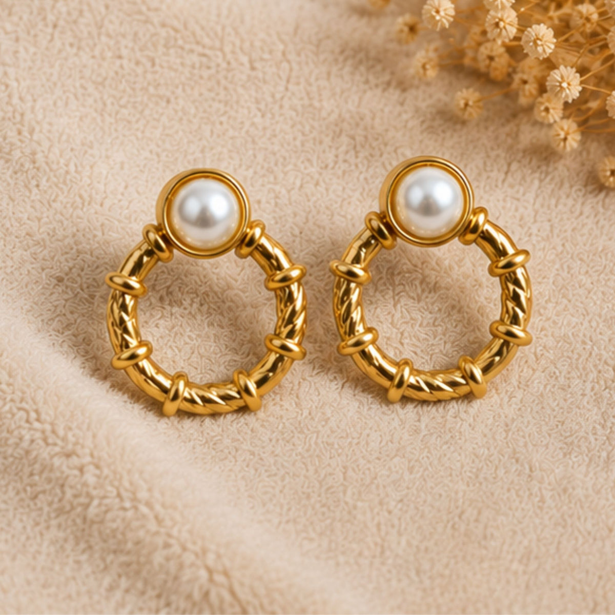 Gold Tone Pearl Accent Hoop Earrings for Everyday Style