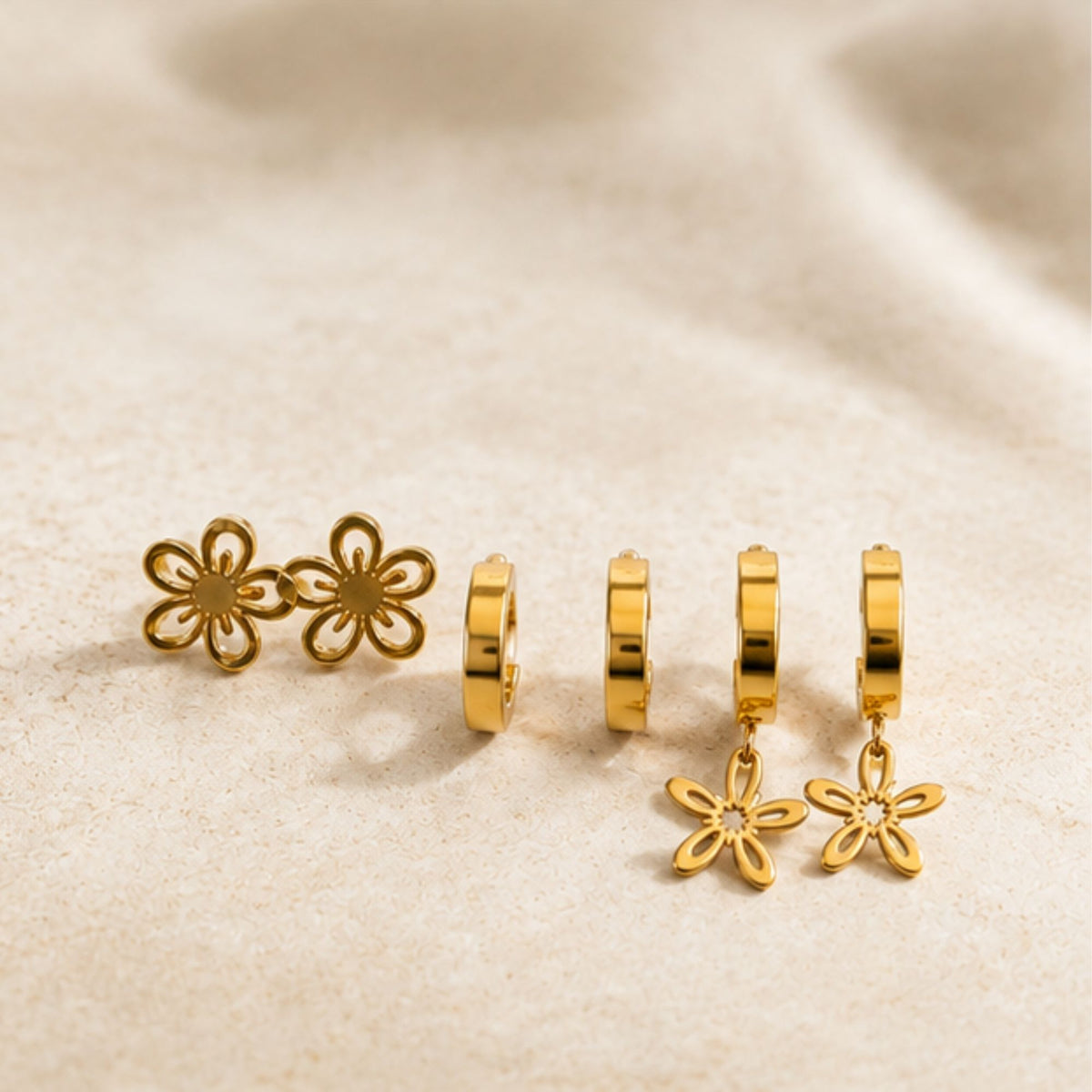 Gold Tone Floral Hoop and Stud Earrings Set