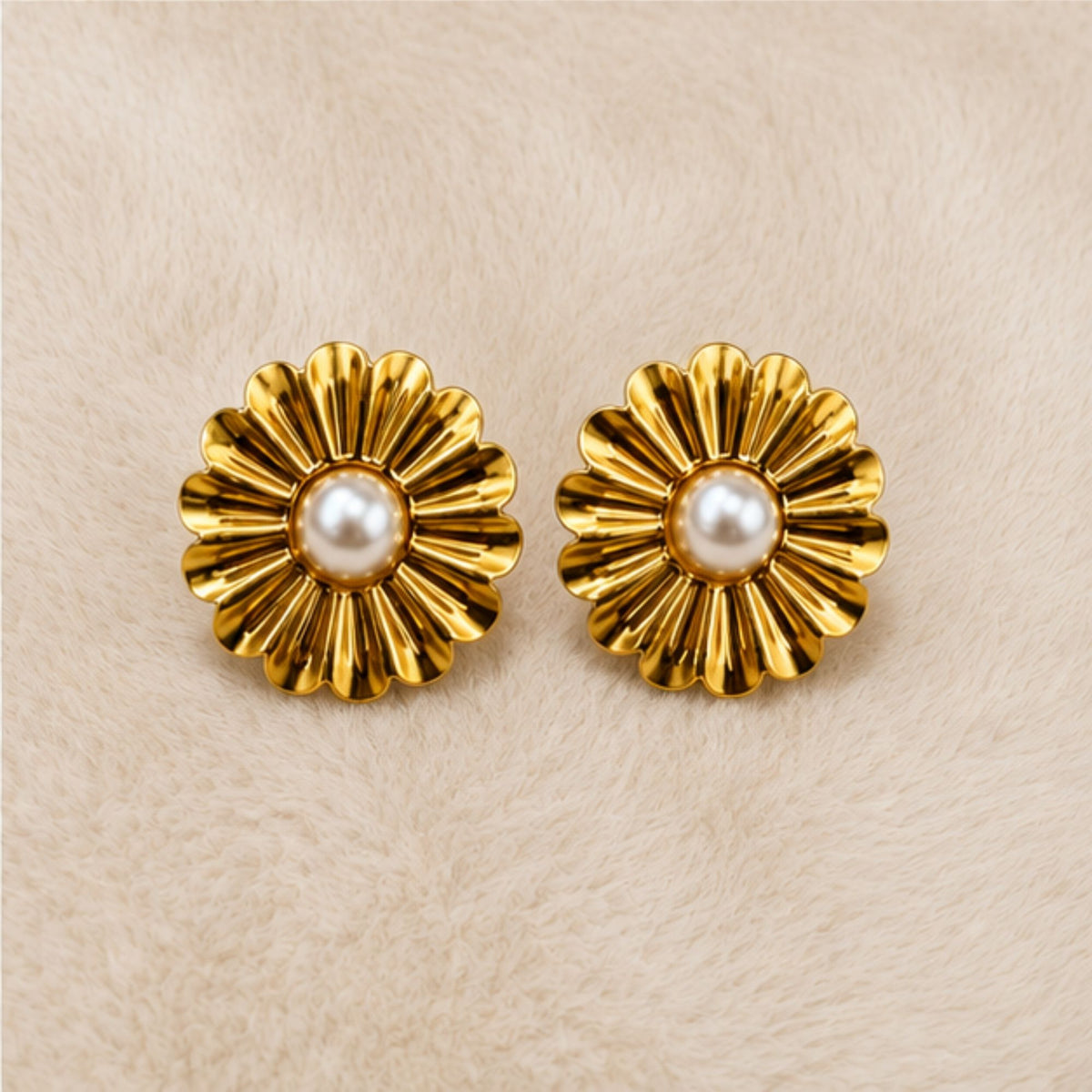 Gold Tone Pearl Sunburst Stud Earrings for Everyday Elegance