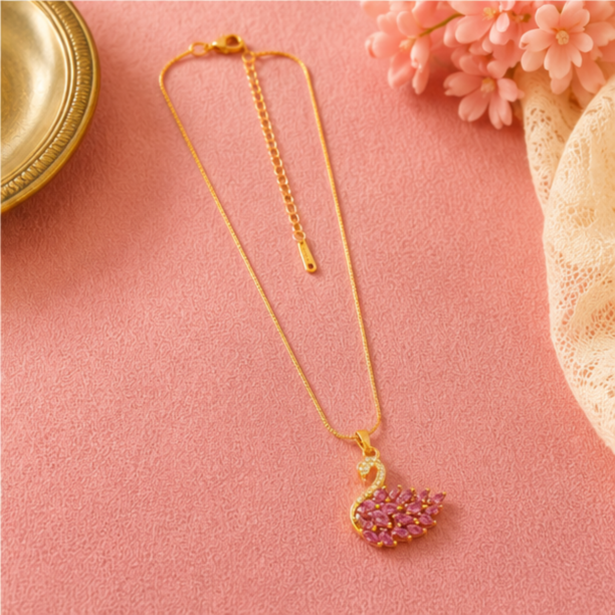 Gold-Tone Pink Cluster Pendant Necklace for Women