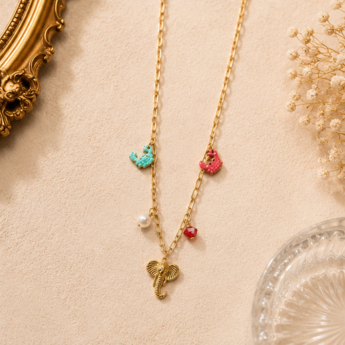 Gold Tone Colorful Charm Layered Pendant Necklace