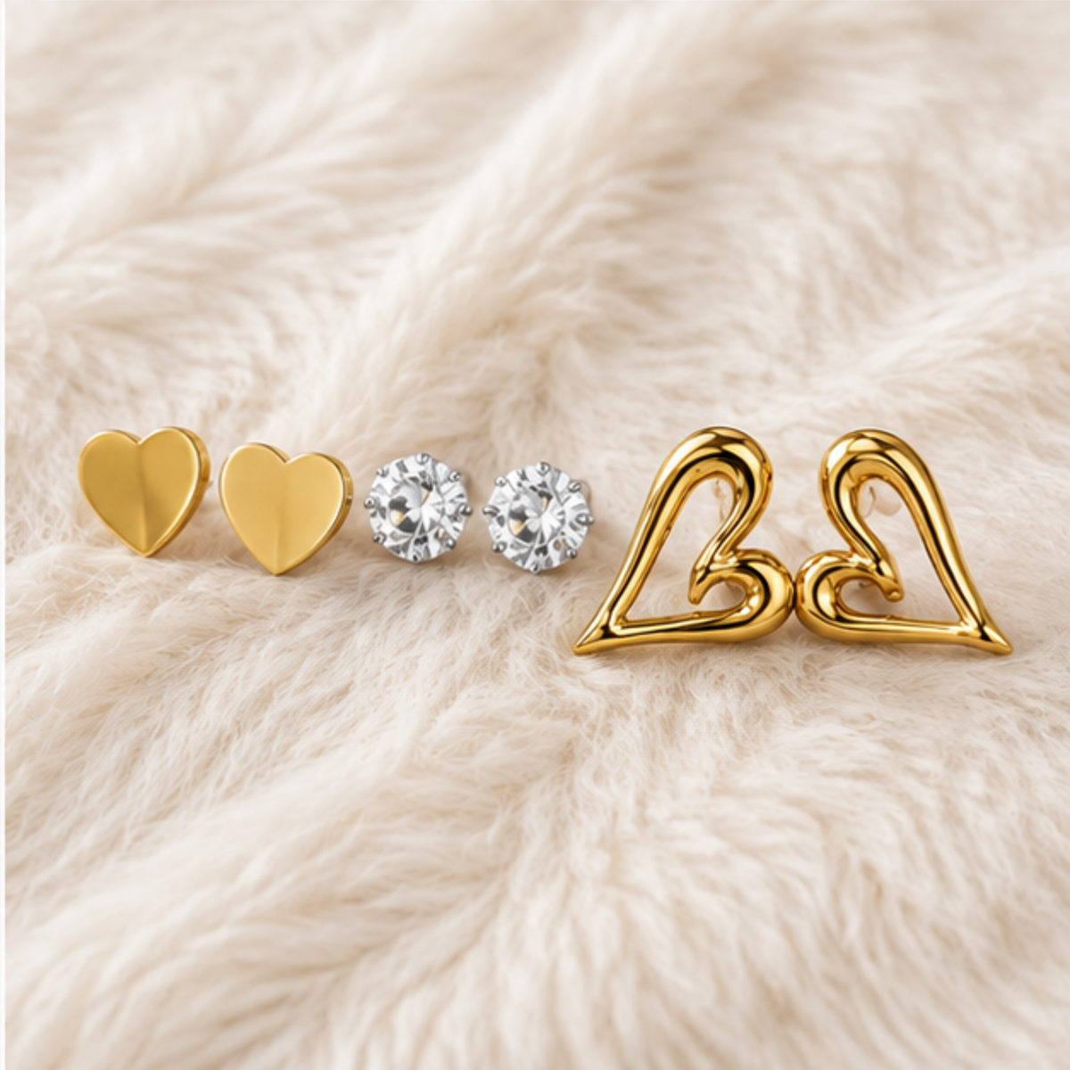 Gold Tone Heart Crystal and Open Heart Earring Set