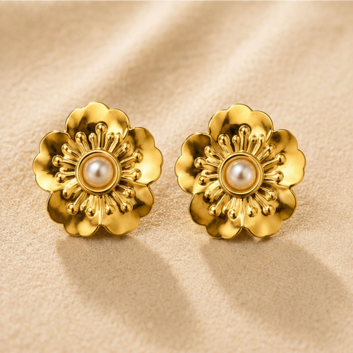 Gold Tone Floral Pearl Stud Earrings for Everyday Elegance