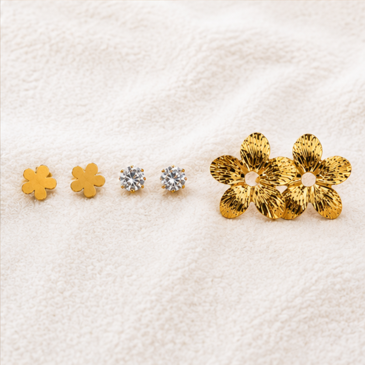Gold Tone Floral Crystal Stud Earring Set
