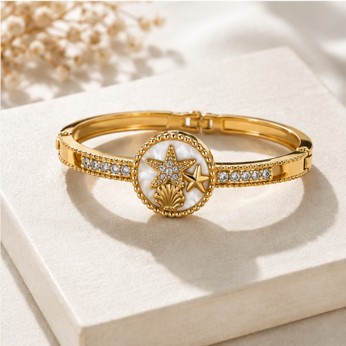 Gold Star Medallion Crystal Bangle Bracelet