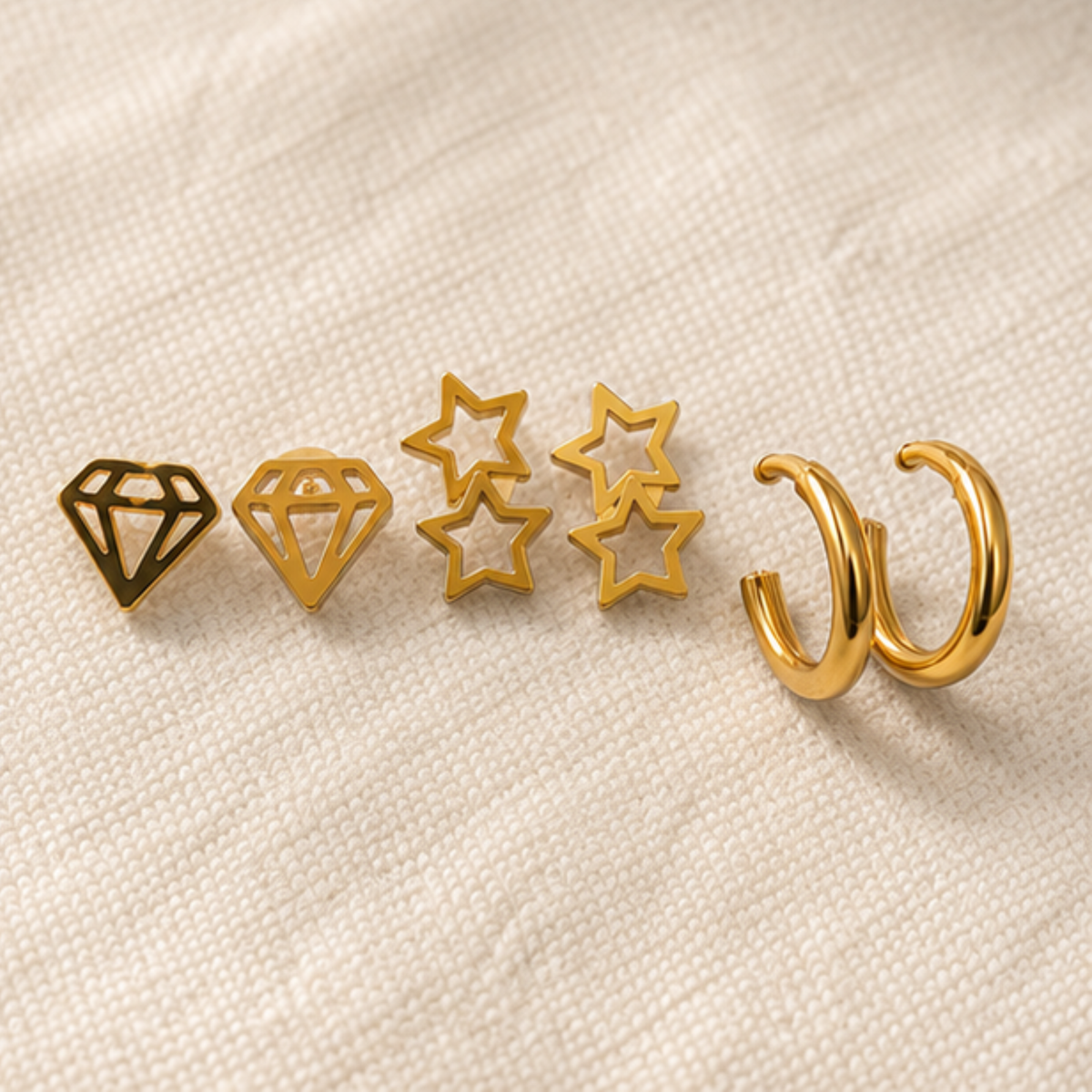 Gold Tone Diamond Star and Hoop Earring Set