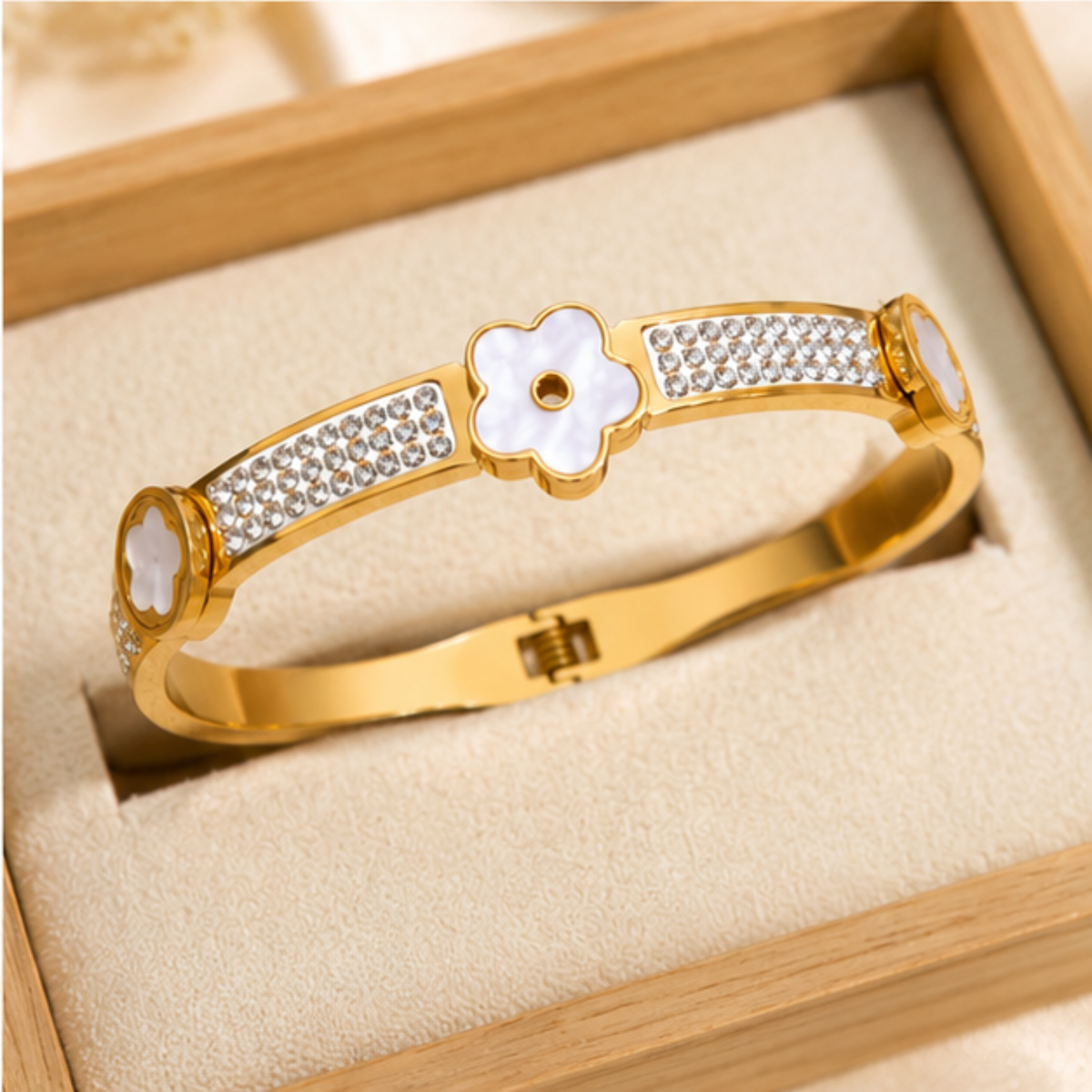 Gold Tone Crystal Flower Detail Bangle Bracelet