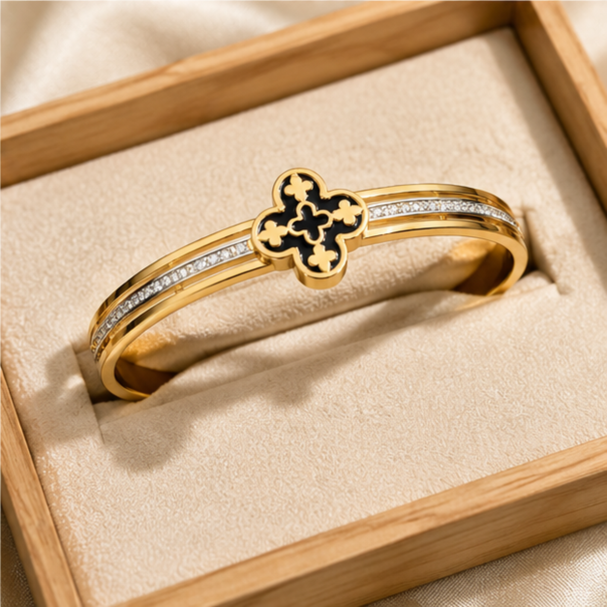 Gold Tone Black Cross Crystal Detail Bangle Bracelet