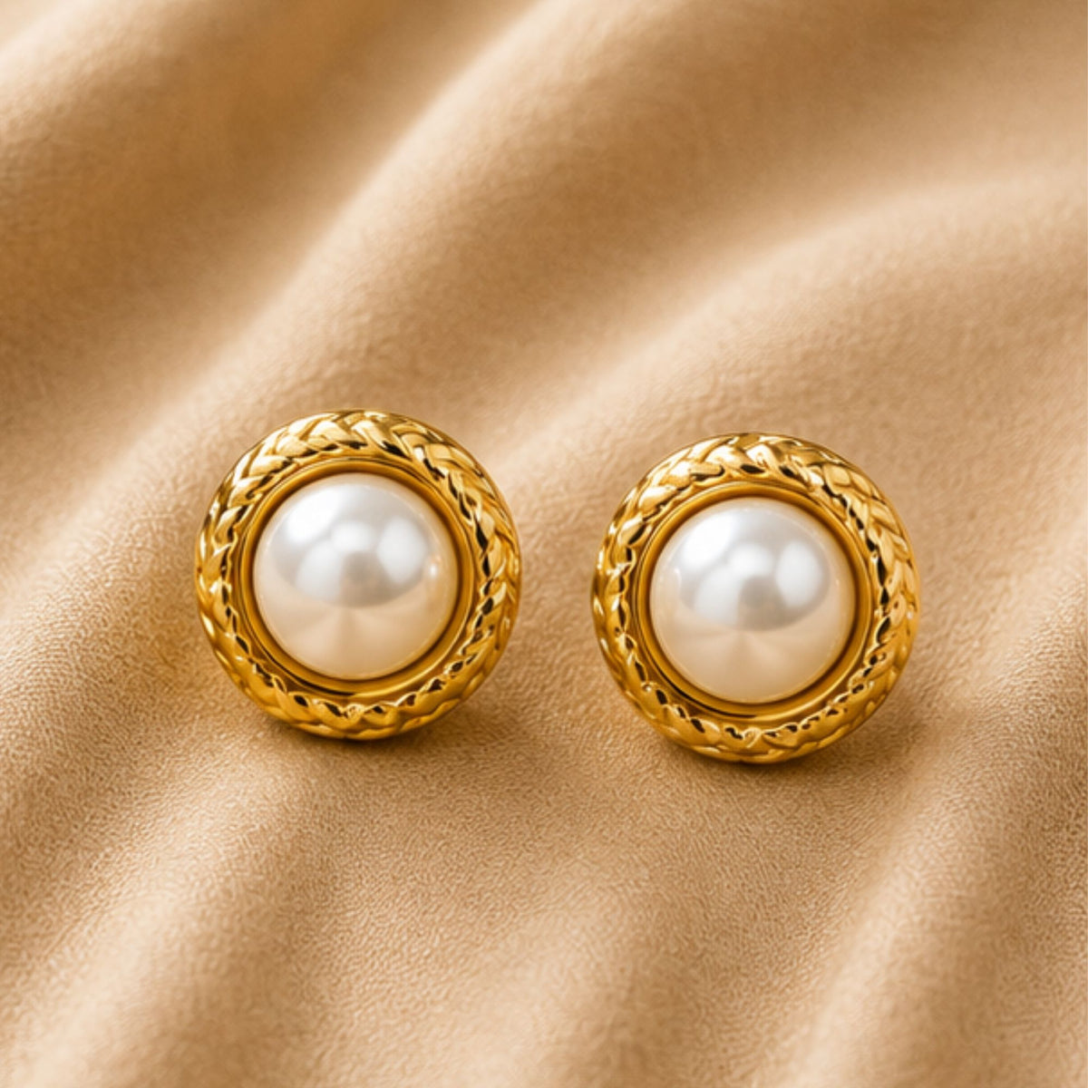 Gold Tone Pearl Round Stud Earrings for Everyday Elegance