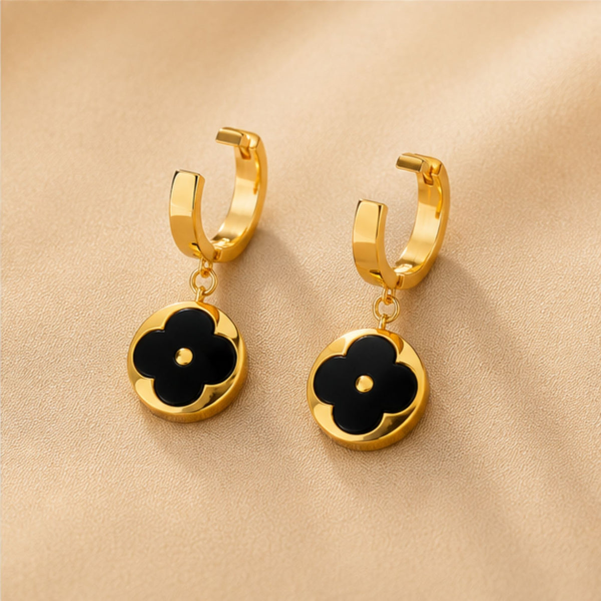 Gold Tone Black Floral Drop Hoop Earrings