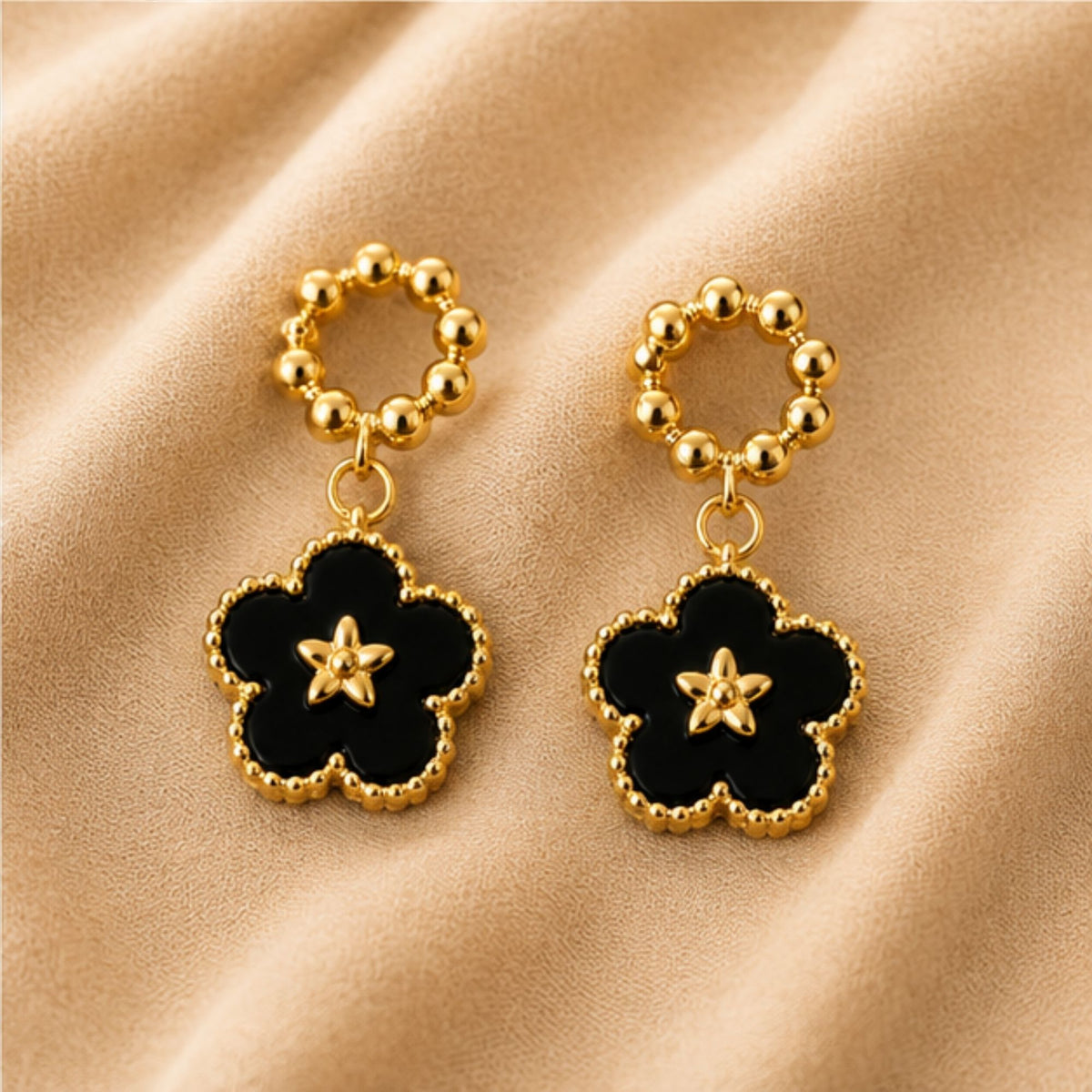 Gold Floral Black Drop Earrings for Everyday Elegance