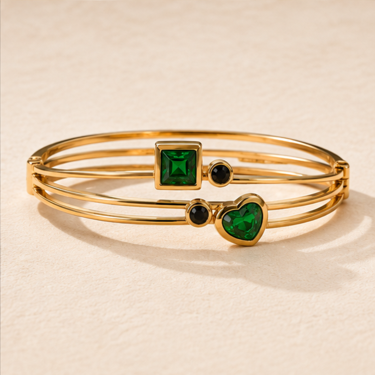 Gold Tone Green Stone Multi Band Bangle Bracelet