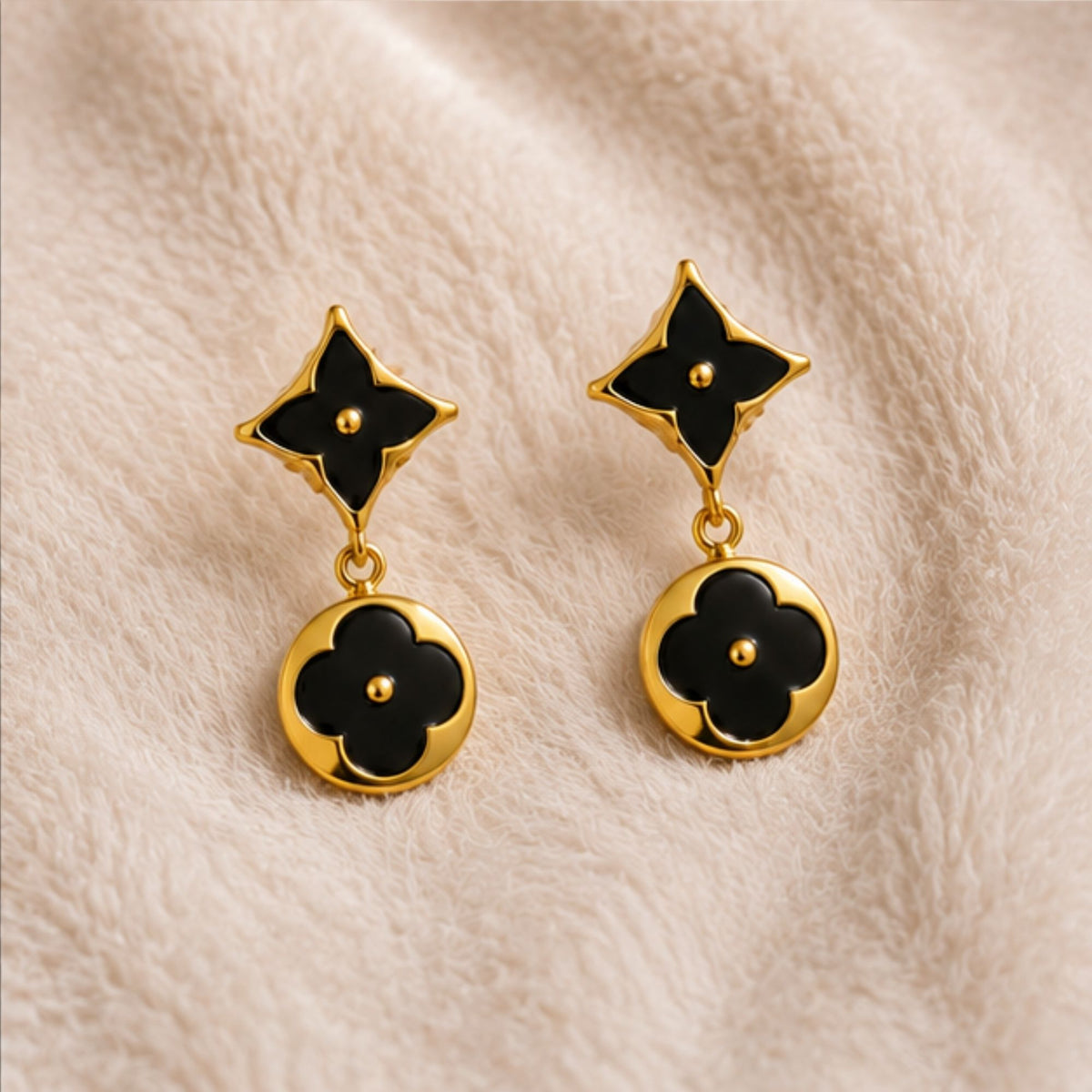 Gold-Tone Black Floral Drop Earrings for Everyday Elegance