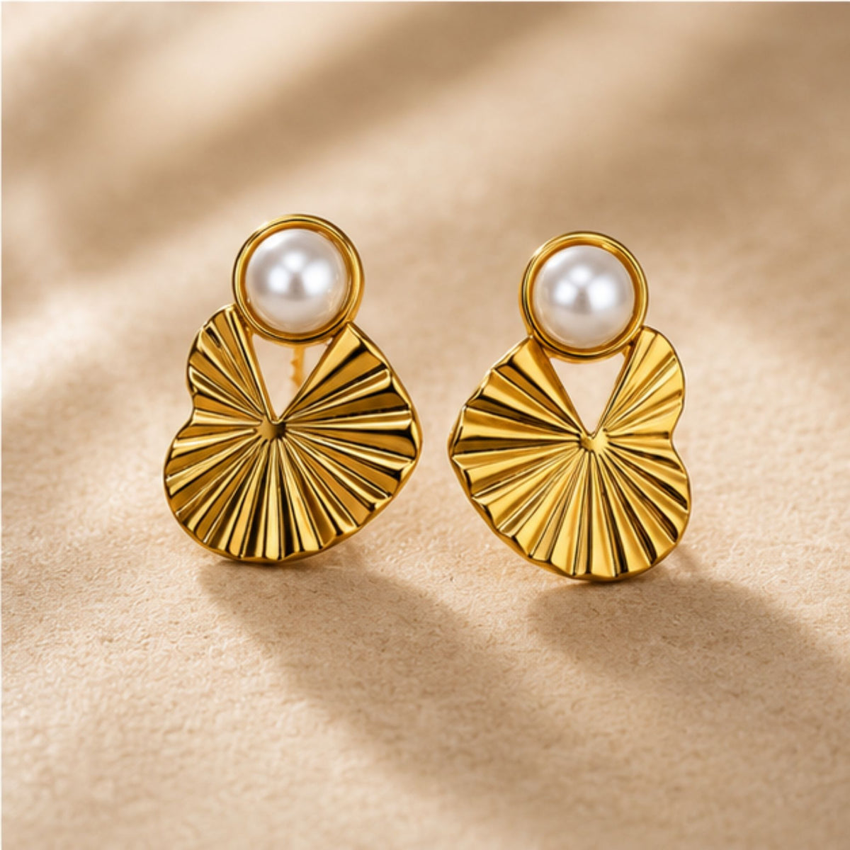 Gold Tone Pearl Fan Drop Earrings for Everyday Elegance