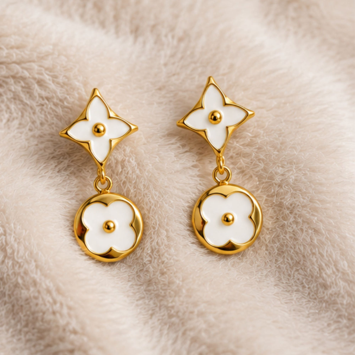 Gold-Tone White Floral Drop Earrings for Everyday Elegance