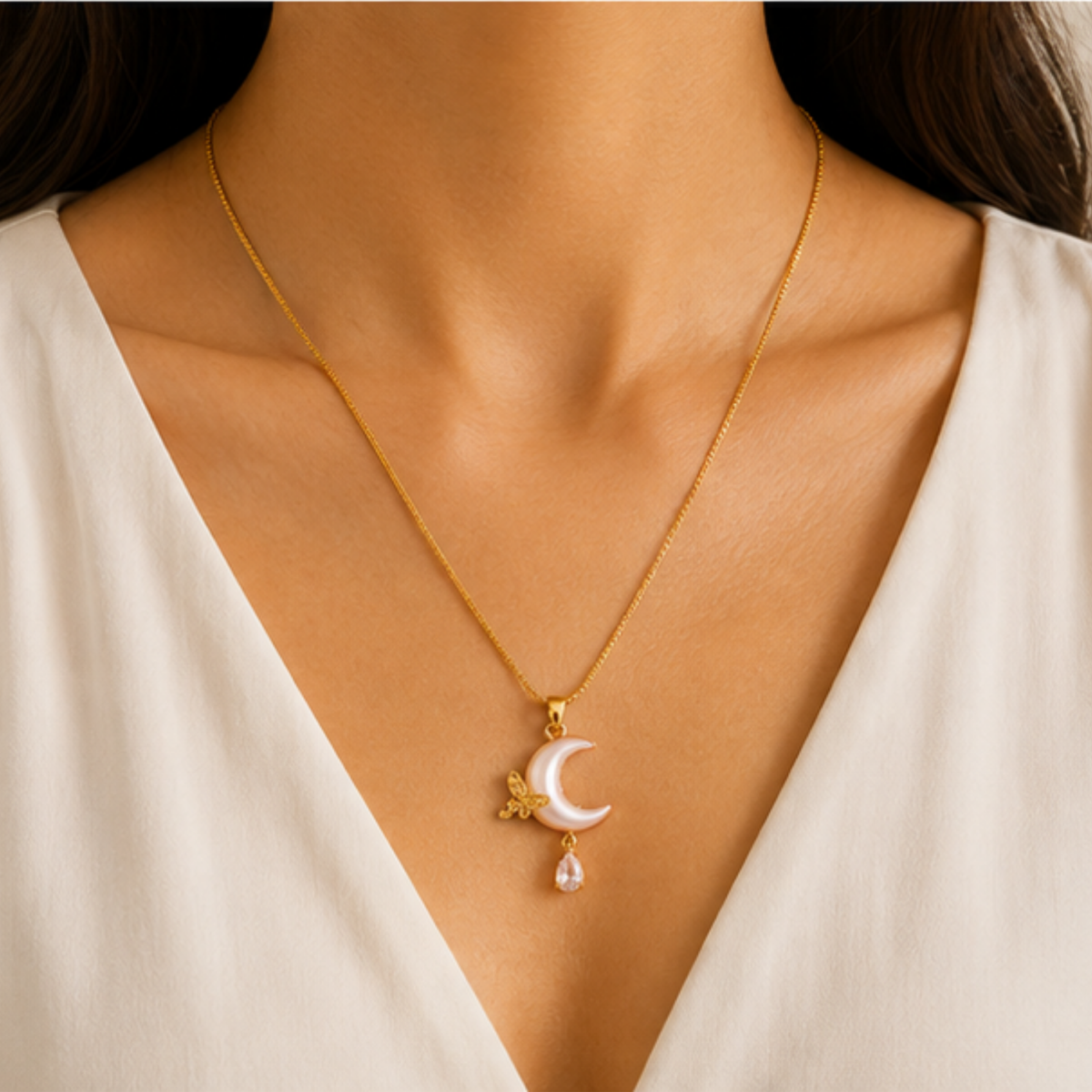 Gold Crescent Moon Pendant Long Necklace with Star Detail