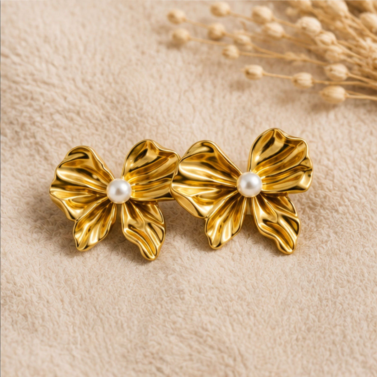 Gold-Tone Bow Stud Earrings with Pearl-Style Detail