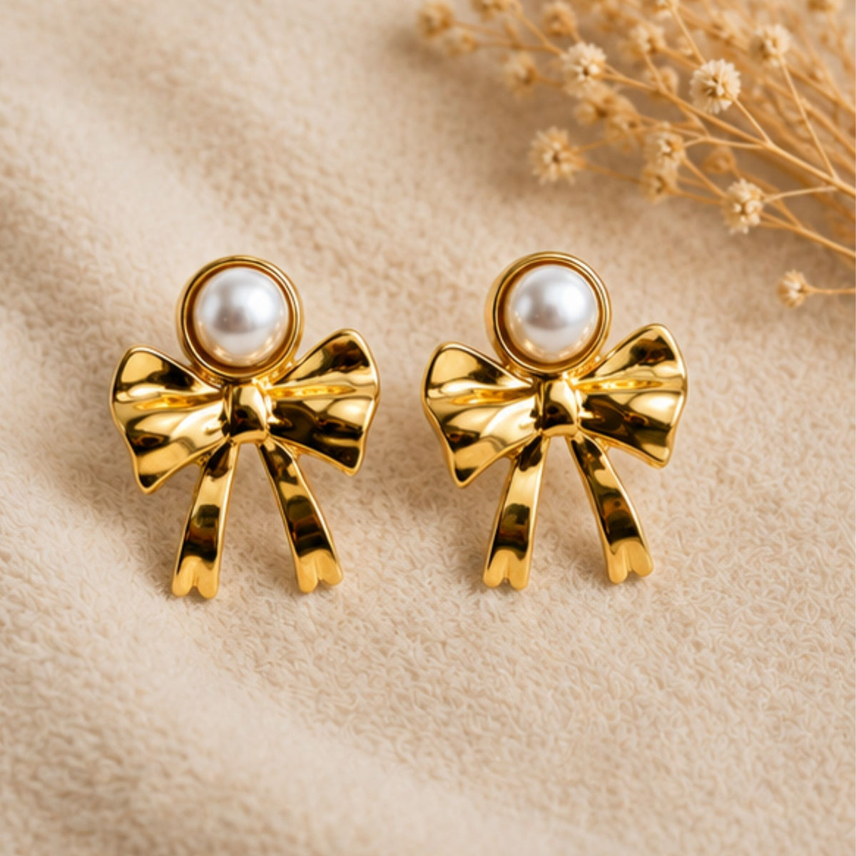 Gold-Tone Bow Pearl-Style Stud Earrings for Everyday Elegance