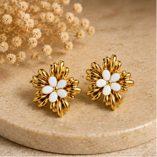Gold-Tone White Floral Stud Earrings for Everyday Elegance