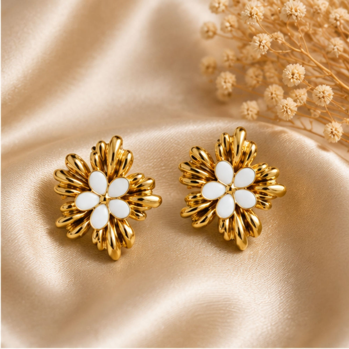 Gold-Tone White Floral Stud Earrings for Everyday Elegance