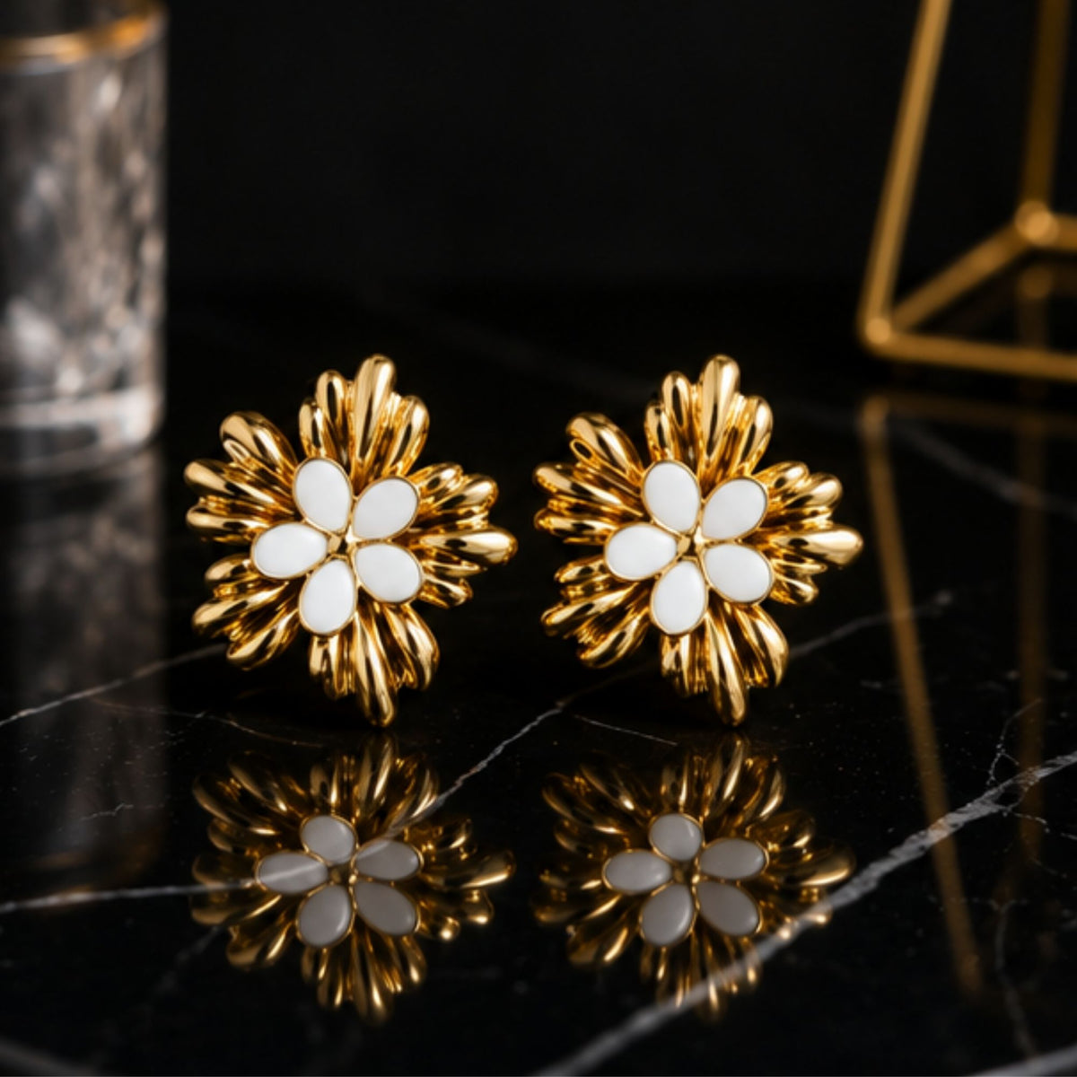 Gold-Tone White Floral Stud Earrings for Everyday Elegance