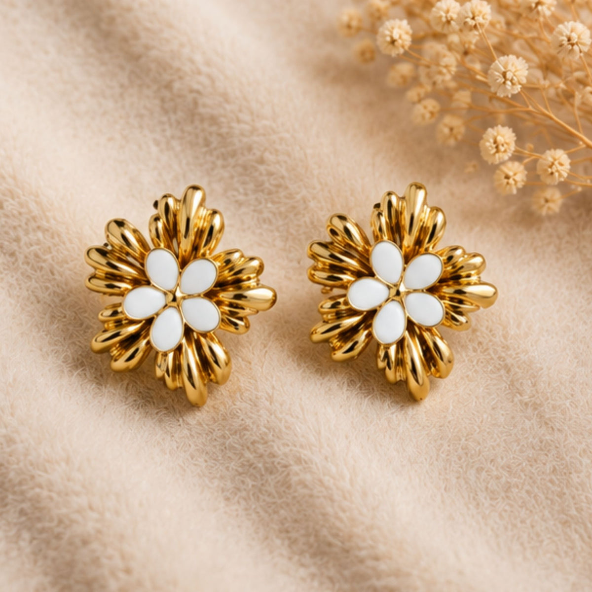 Gold-Tone White Floral Stud Earrings for Everyday Elegance