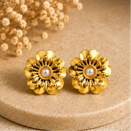 Gold-Tone Floral Stud Earrings with Center Detail