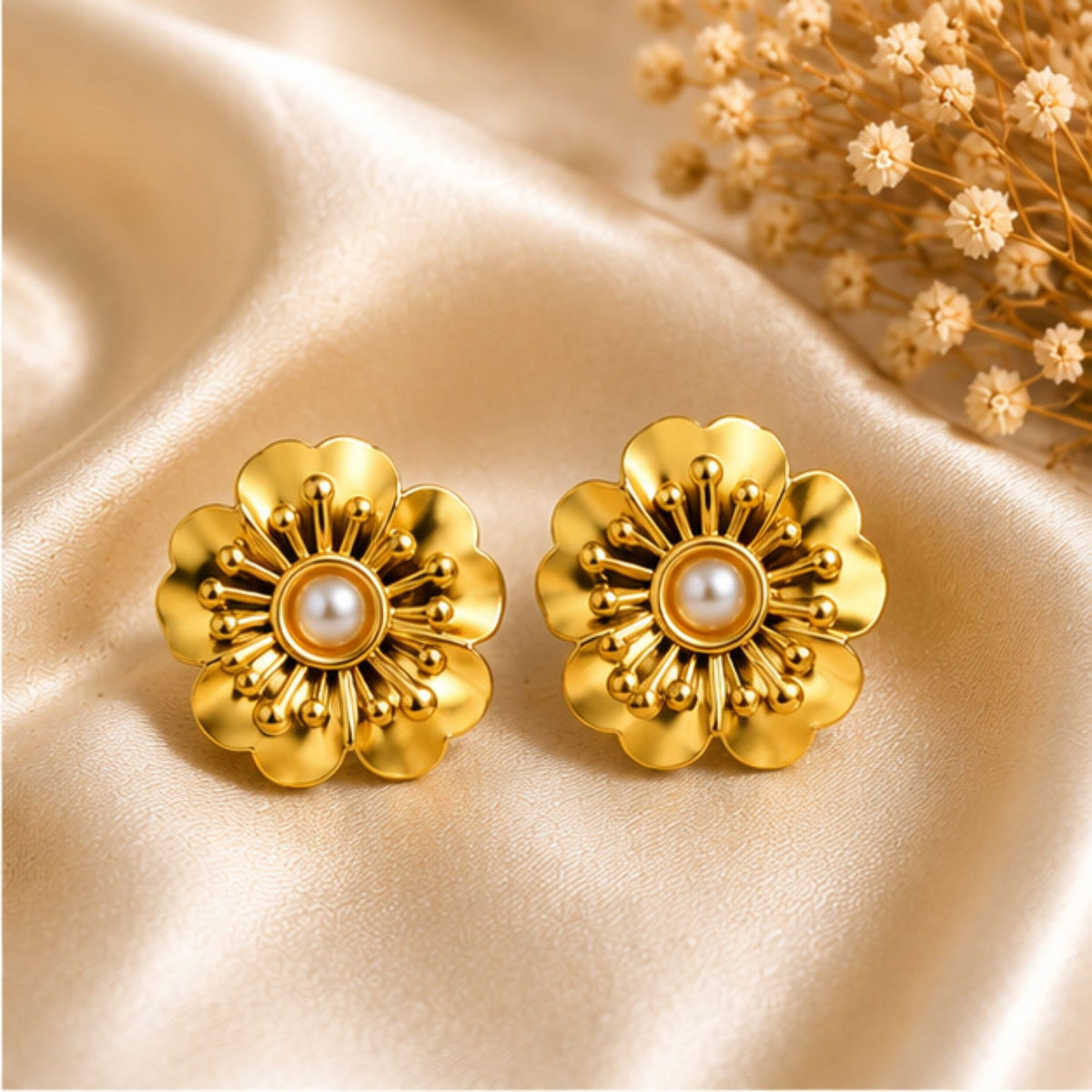 Gold-Tone Floral Stud Earrings with Center Detail