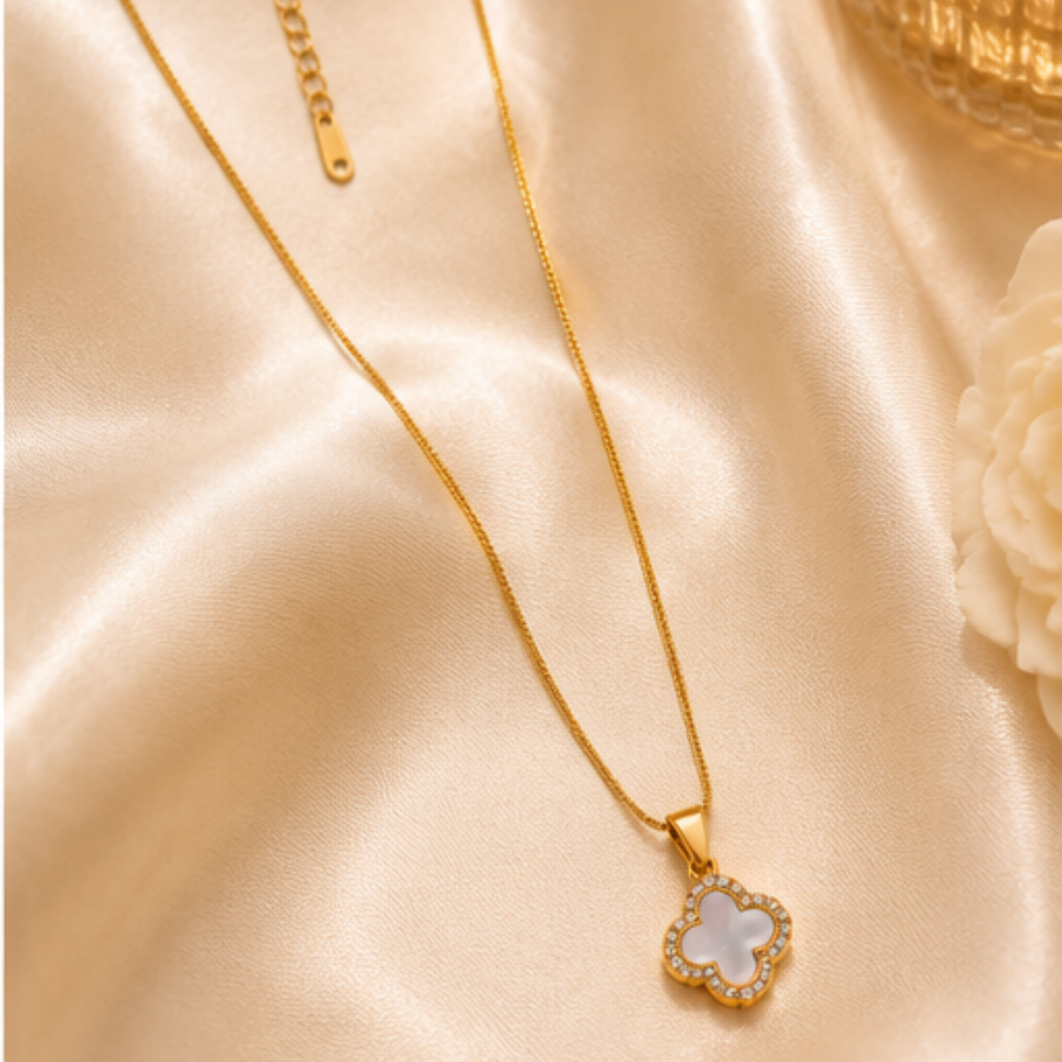 Gold Floral Clover Pendant Long Necklace for Everyday Elegance