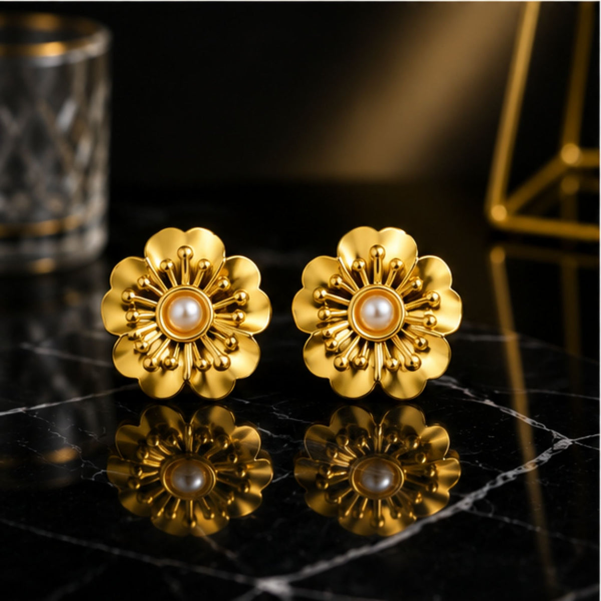 Gold-Tone Floral Stud Earrings with Center Detail