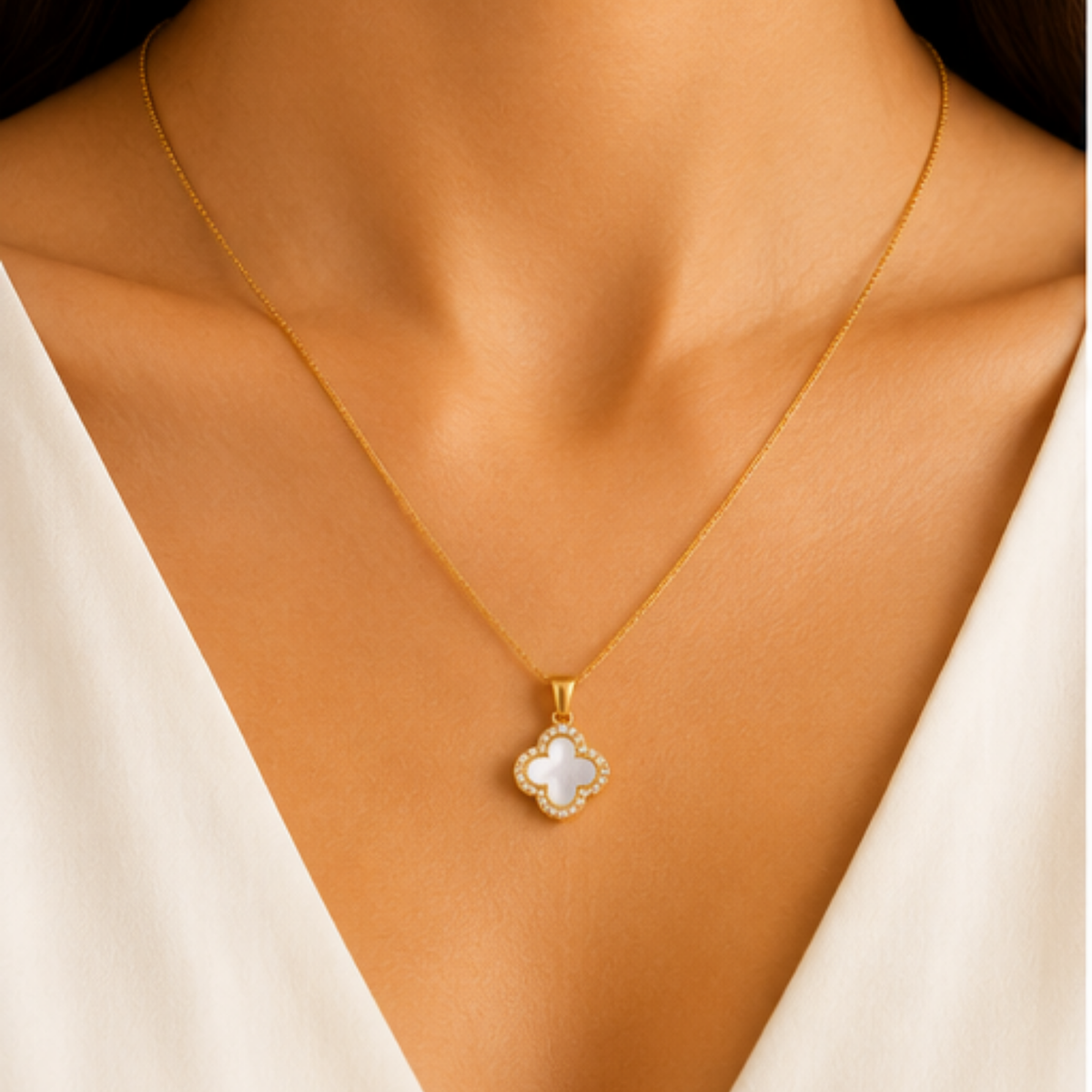 Gold Floral Clover Pendant Long Necklace for Everyday Elegance
