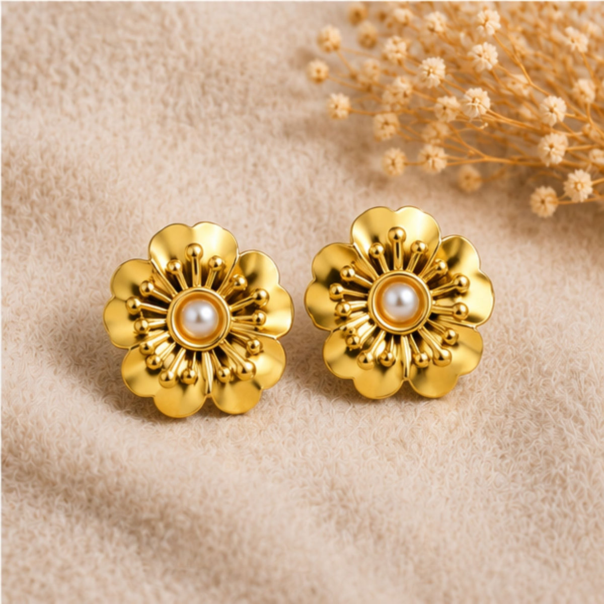 Gold-Tone Floral Stud Earrings with Center Detail