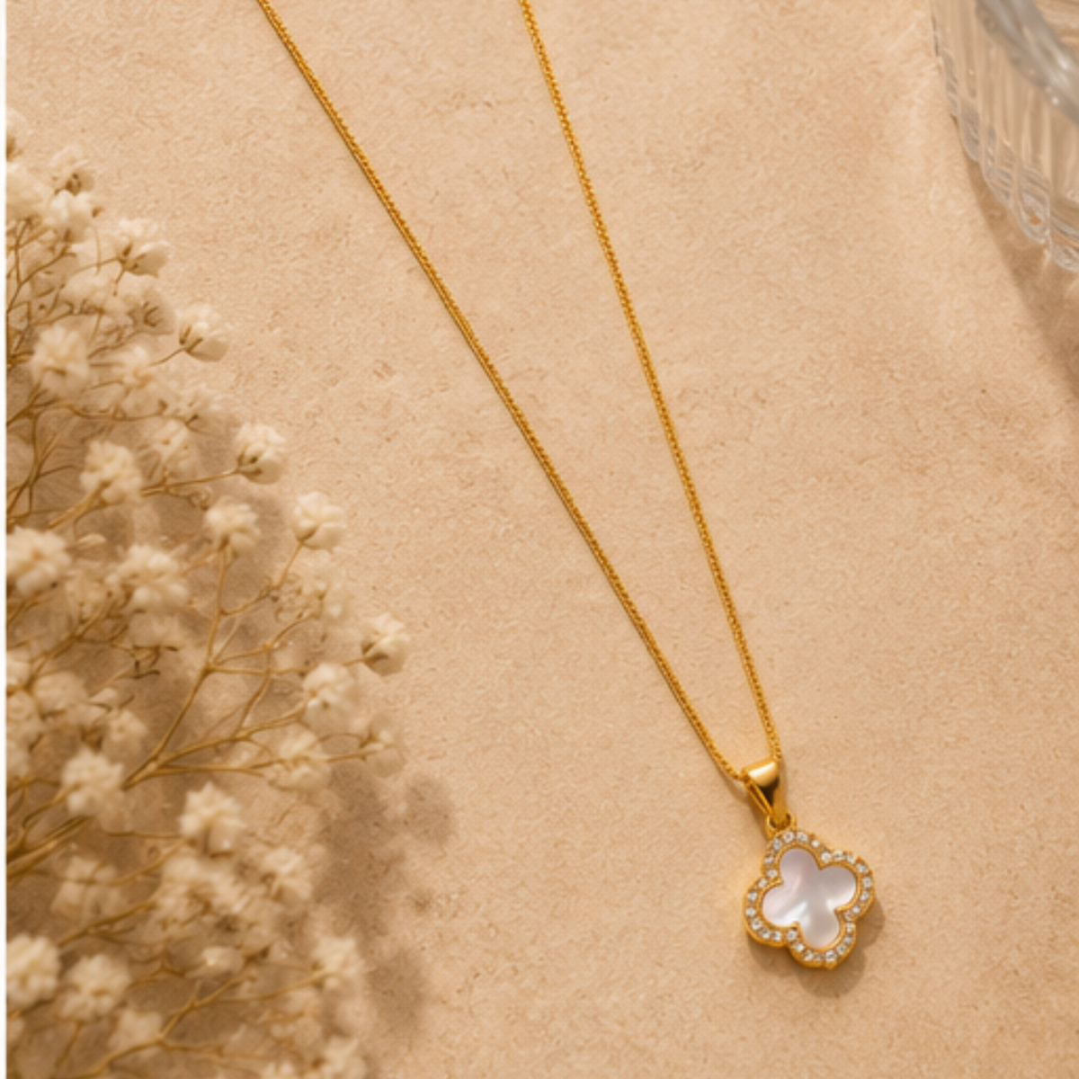 Gold Floral Clover Pendant Long Necklace for Everyday Elegance