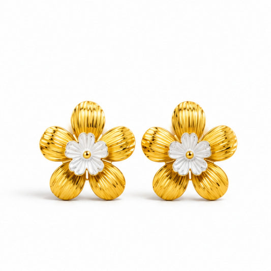 Gold-Tone White Floral Stud Earrings for Everyday Elegance