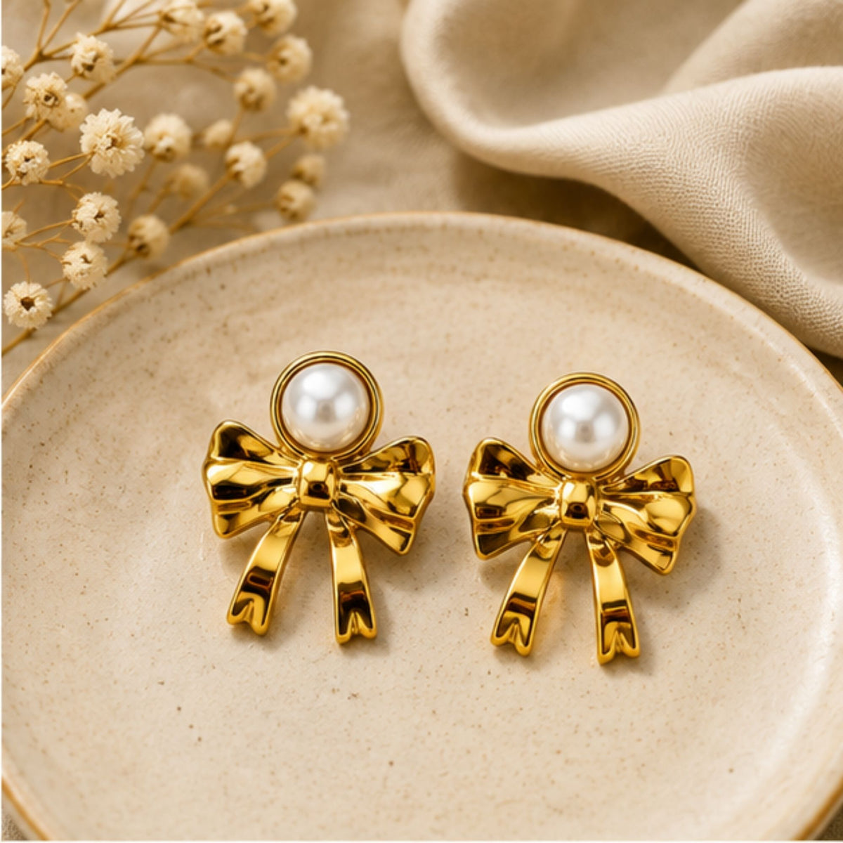Gold Tone Pearl Bow Stud Earrings for Everyday Elegance