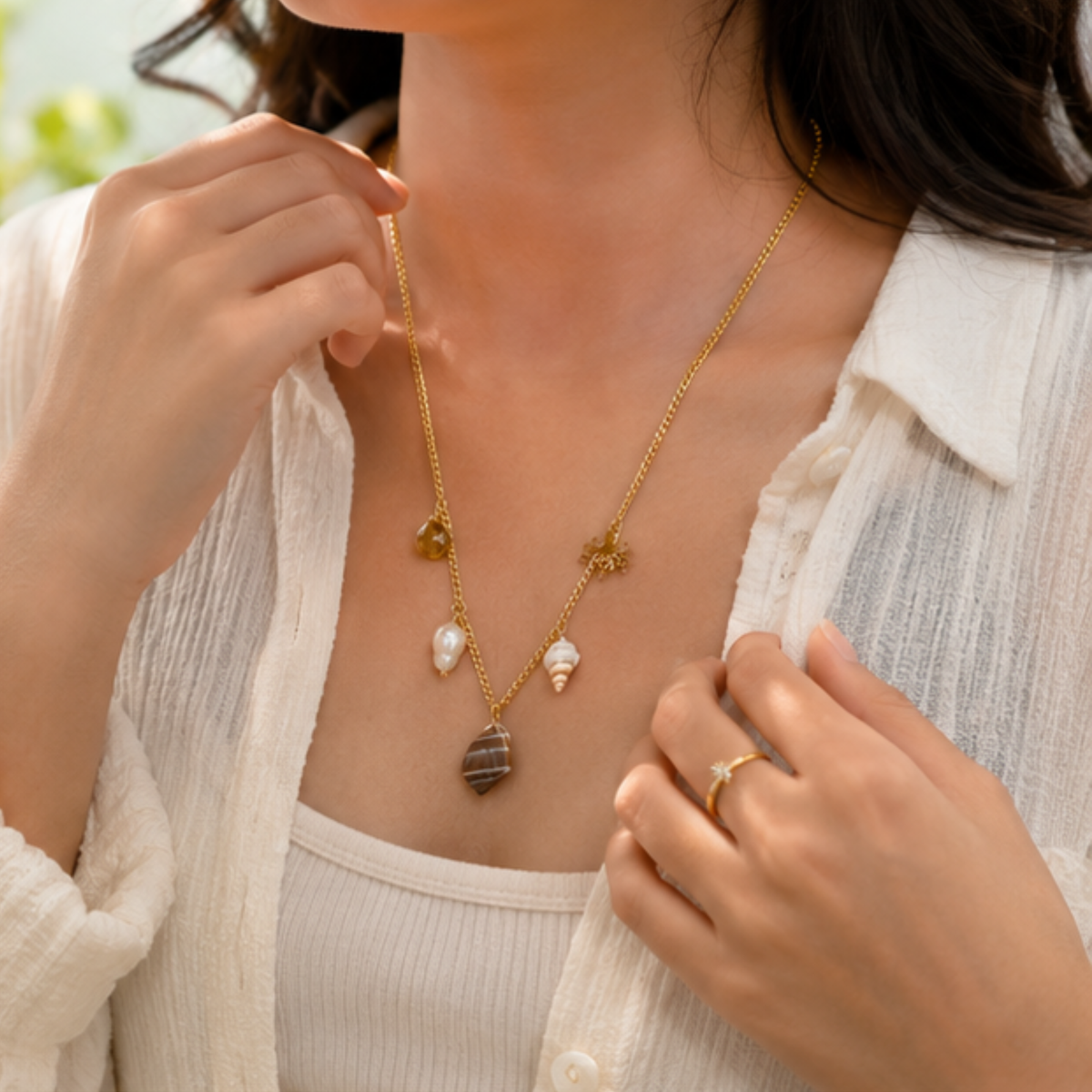 Gold Tone Pearl Accent Layered Pendant Necklace