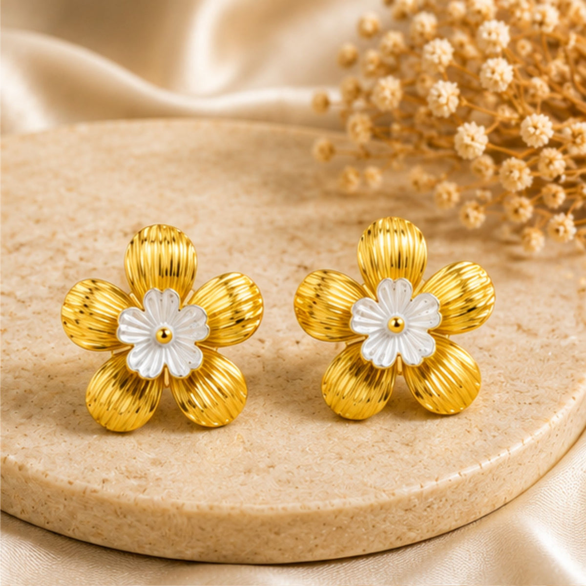 Gold-Tone White Floral Stud Earrings for Everyday Elegance