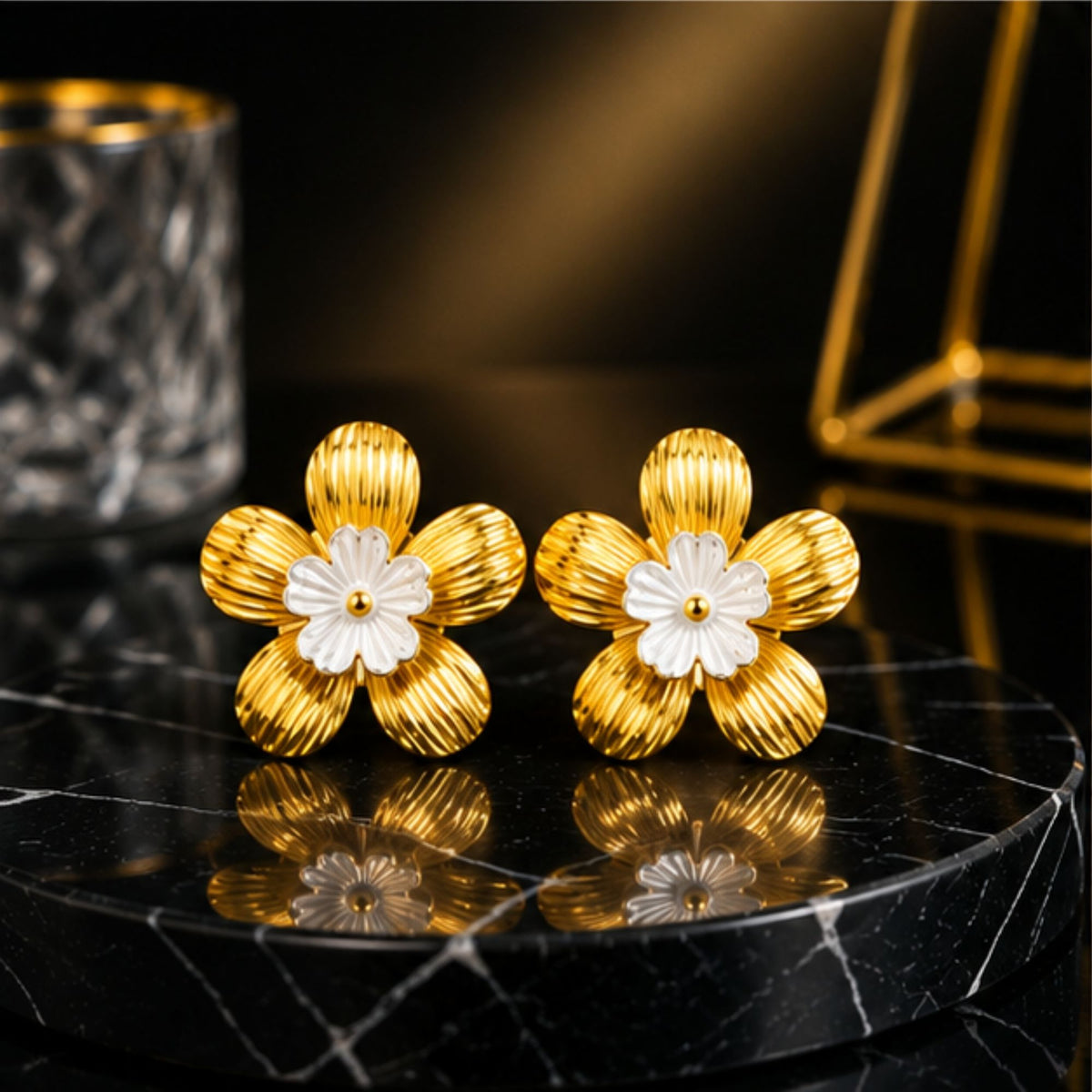 Gold-Tone White Floral Stud Earrings for Everyday Elegance