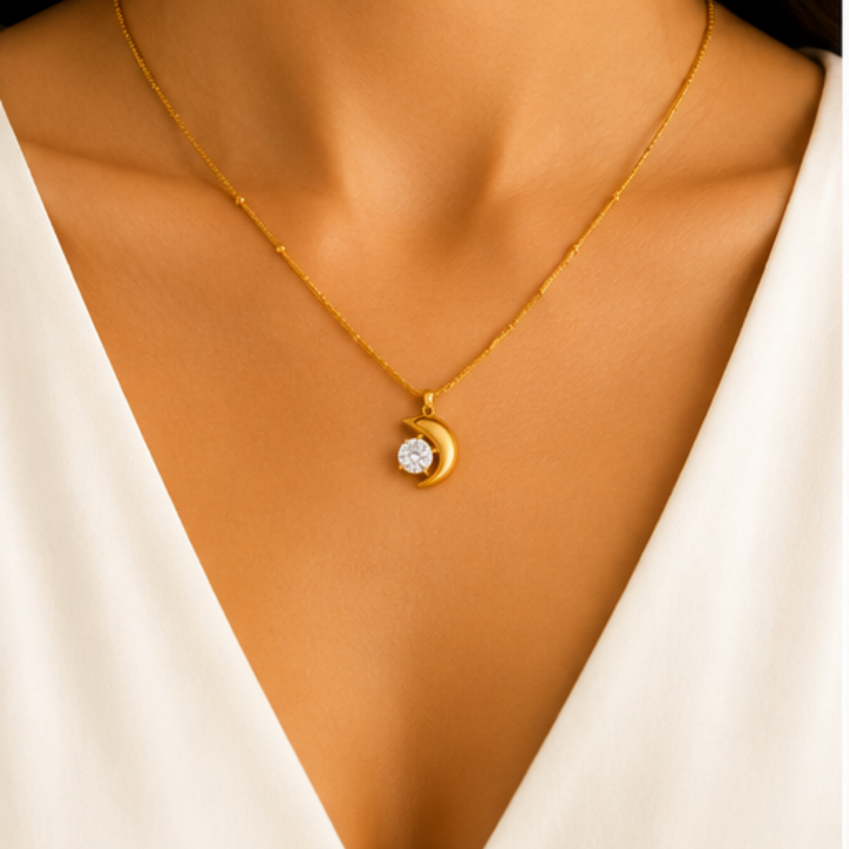Gold Crescent Moon Crystal Pendant Necklace for Everyday Elegance