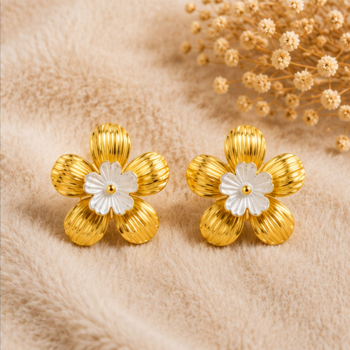 Gold-Tone White Floral Stud Earrings for Everyday Elegance