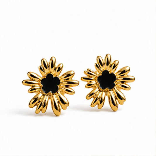 Gold-Tone Black Floral Sunburst Stud Earrings