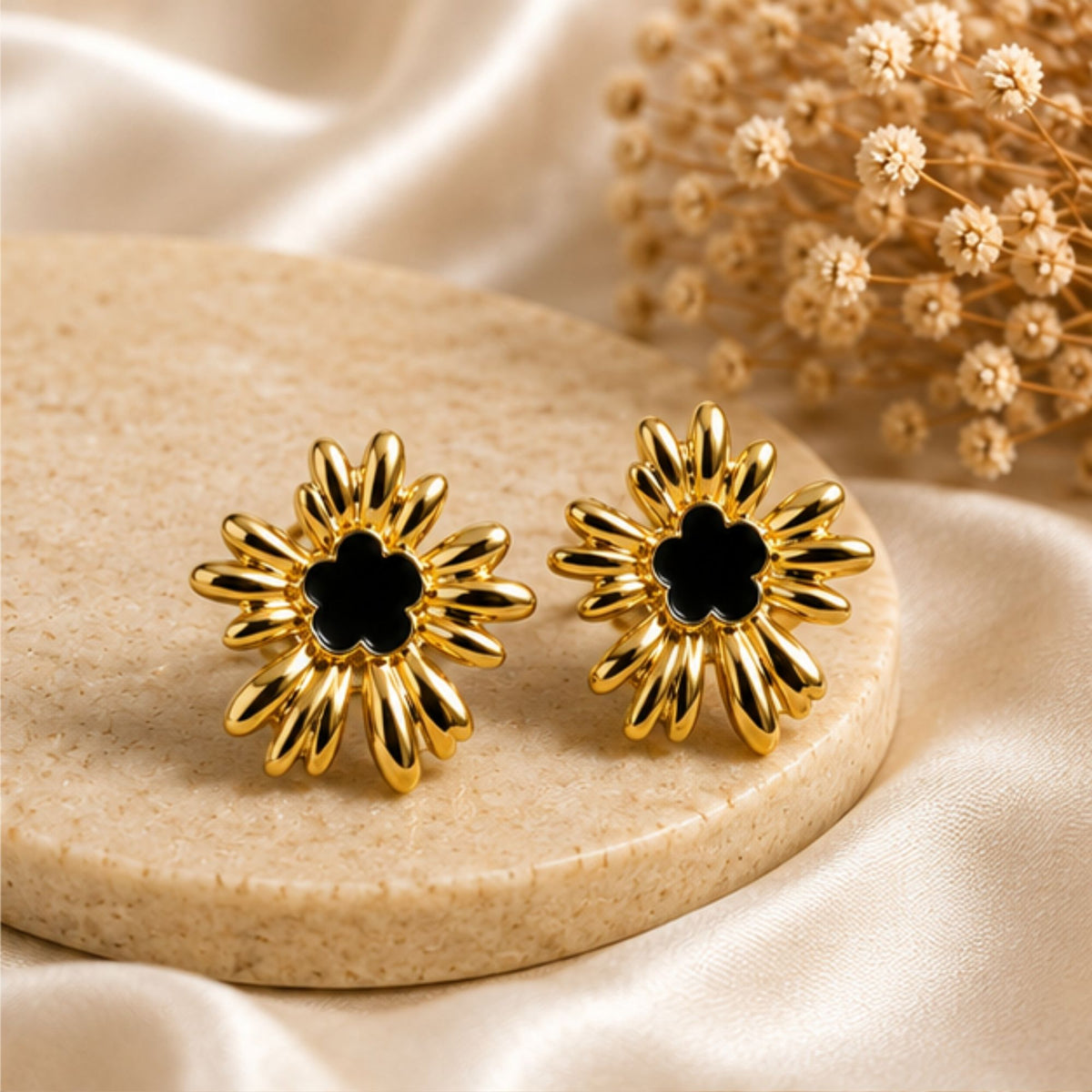 Gold-Tone Black Floral Sunburst Stud Earrings