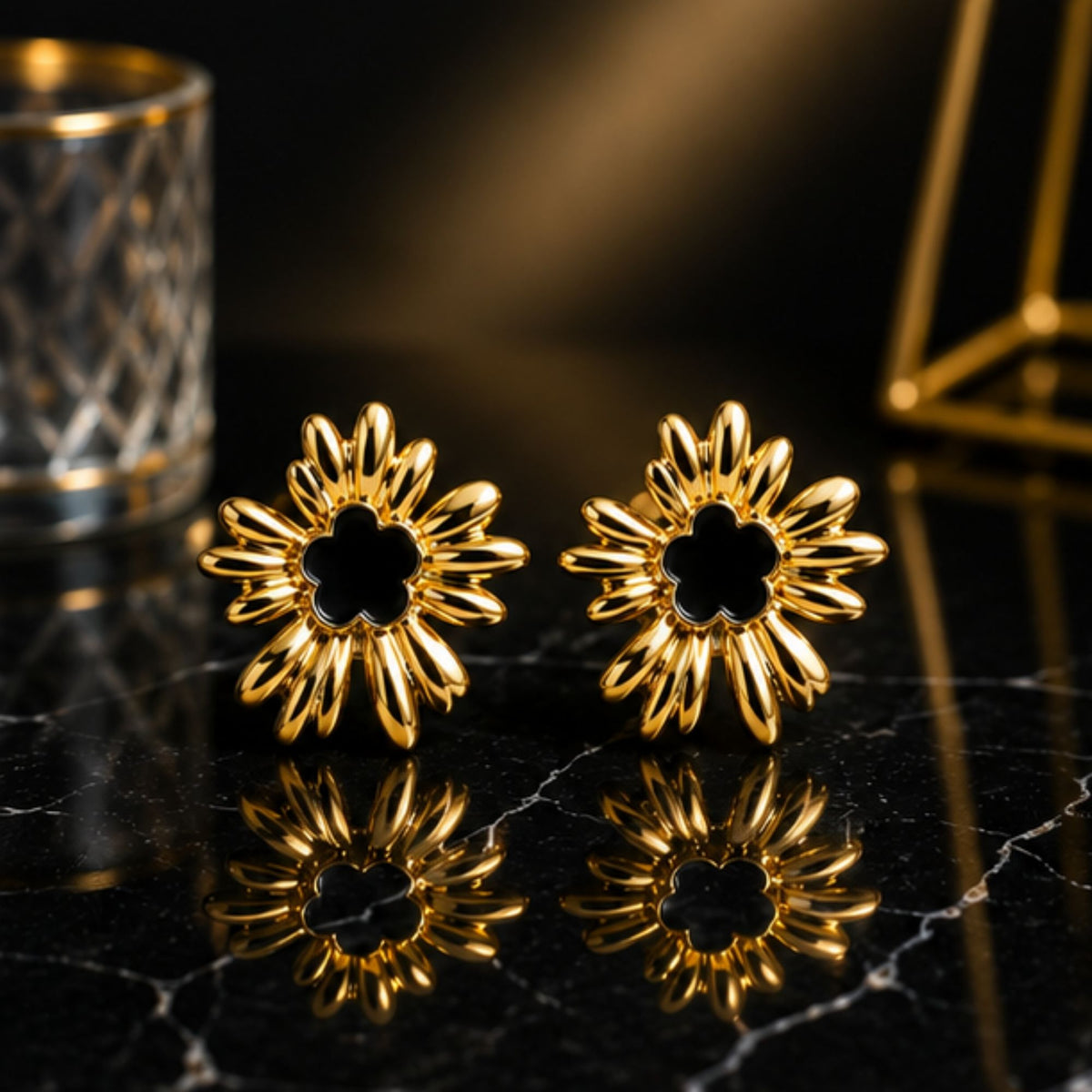 Gold-Tone Black Floral Sunburst Stud Earrings