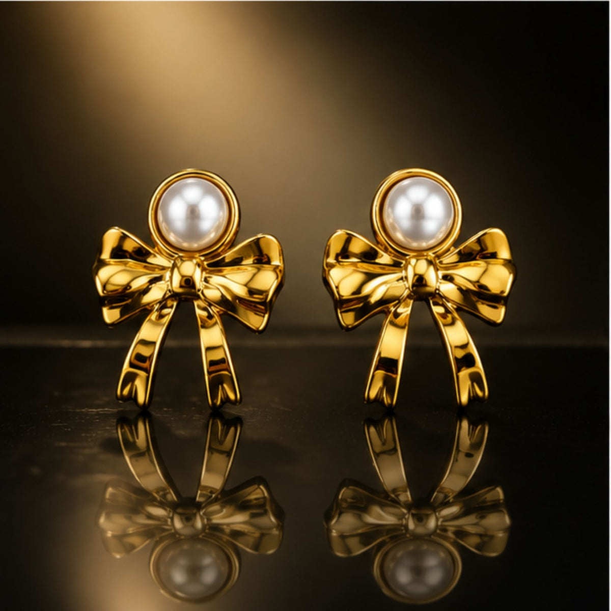 Gold Tone Pearl Bow Stud Earrings for Everyday Elegance