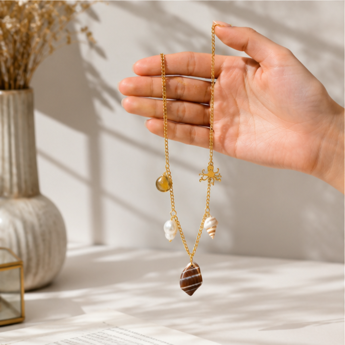 Gold Tone Pearl Accent Layered Pendant Necklace