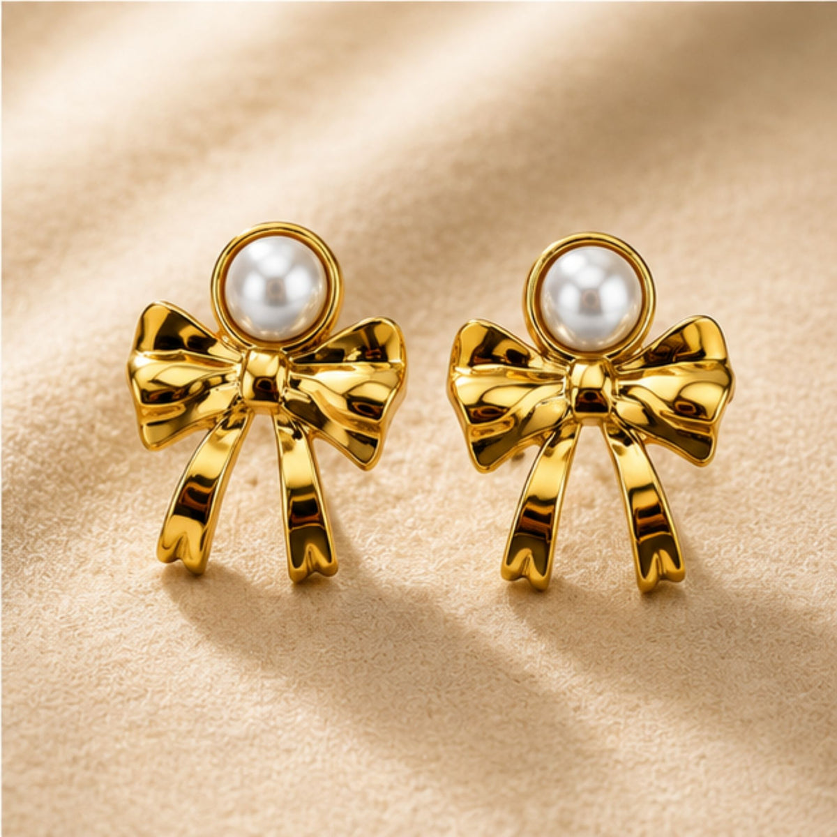 Gold Tone Pearl Bow Stud Earrings for Everyday Elegance